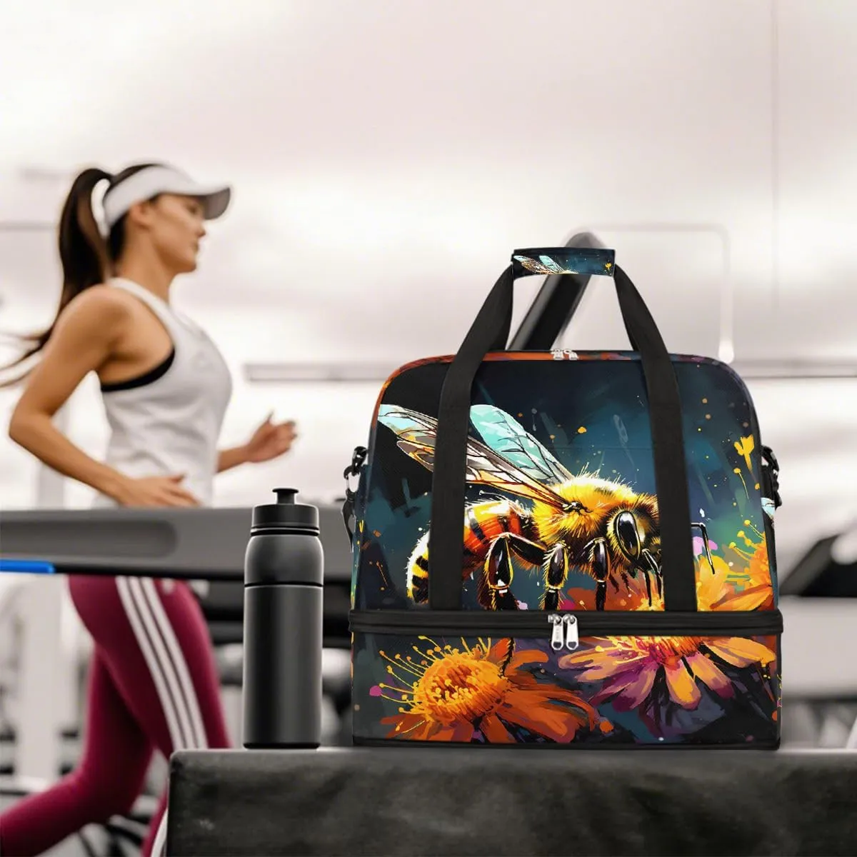 Sports Gym Bag Bee Flower Oil Painting Large Travel Duffel Bag With Shoe Compartment Foldable Waterproof Carry-On Weekend Travel Bags for Camping Overnight Yoga Hospital Travel Bags