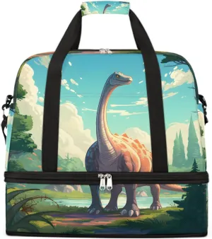 Sports Gym Bag Dinosaur Looking To The Sky Large Travel Duffel Bag With Shoe Compartment Foldable Waterproof Carry-On Weekend Travel Bags for Camping Overnight Yoga Hospital Travel Bags