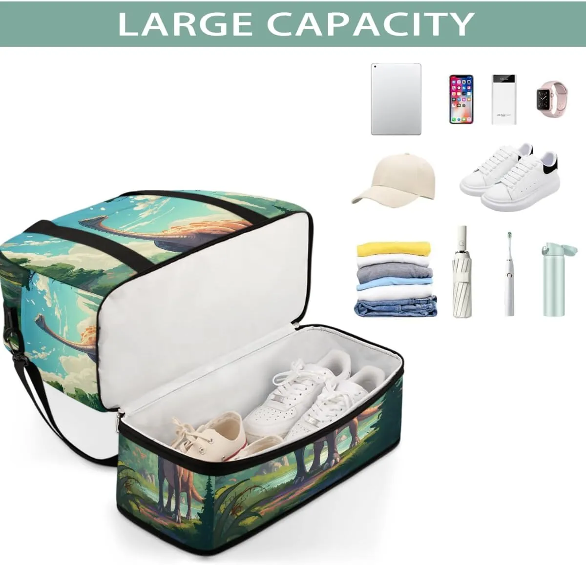 Sports Gym Bag Dinosaur Looking To The Sky Large Travel Duffel Bag With Shoe Compartment Foldable Waterproof Carry-On Weekend Travel Bags for Camping Overnight Yoga Hospital Travel Bags