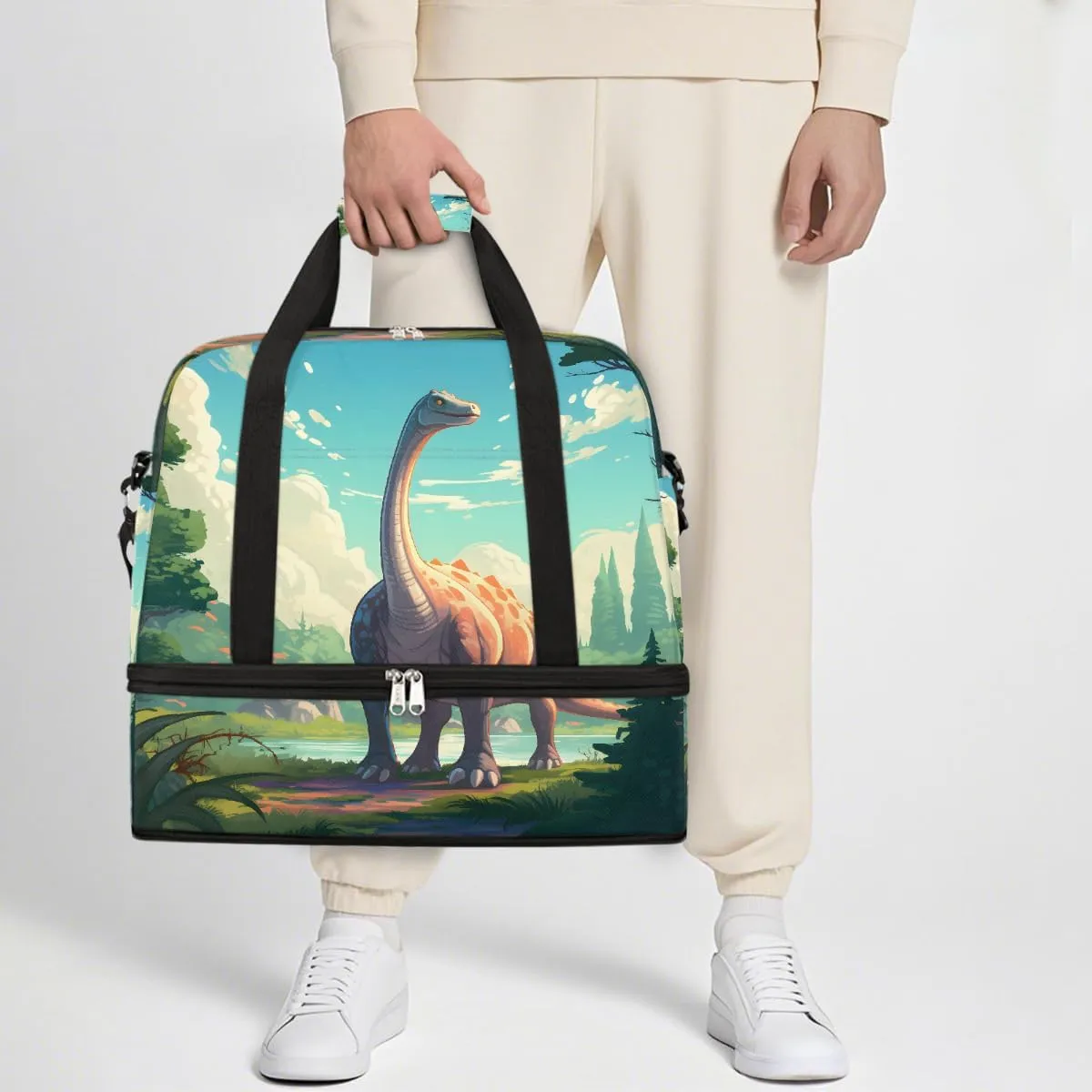 Sports Gym Bag Dinosaur Looking To The Sky Large Travel Duffel Bag With Shoe Compartment Foldable Waterproof Carry-On Weekend Travel Bags for Camping Overnight Yoga Hospital Travel Bags