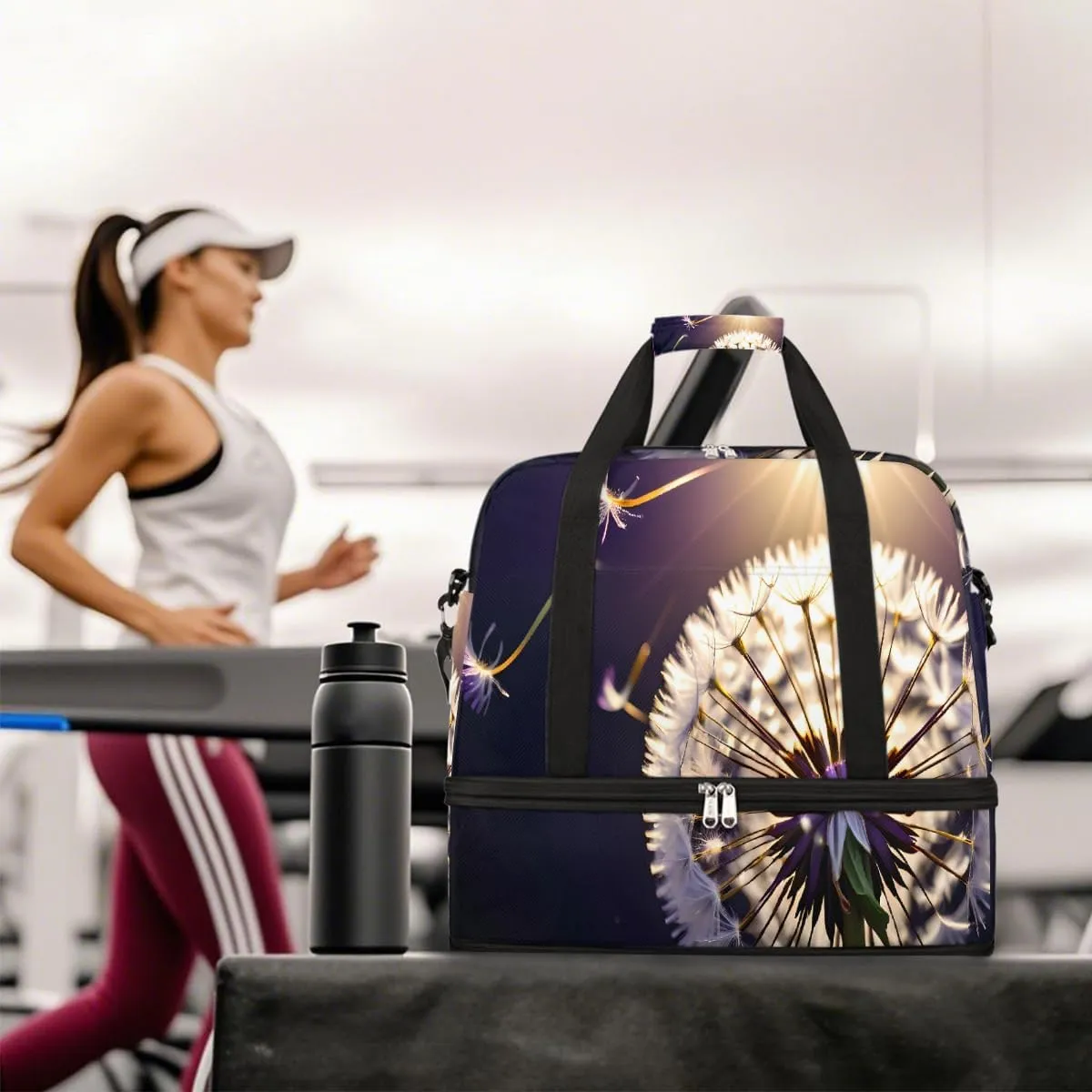 Sports Gym Bag Flower Dandelion Purple Large Travel Duffel Bag With Shoe Compartment Foldable Waterproof Carry-On Weekend Travel Bags for Camping Overnight Yoga Hospital Travel Bags