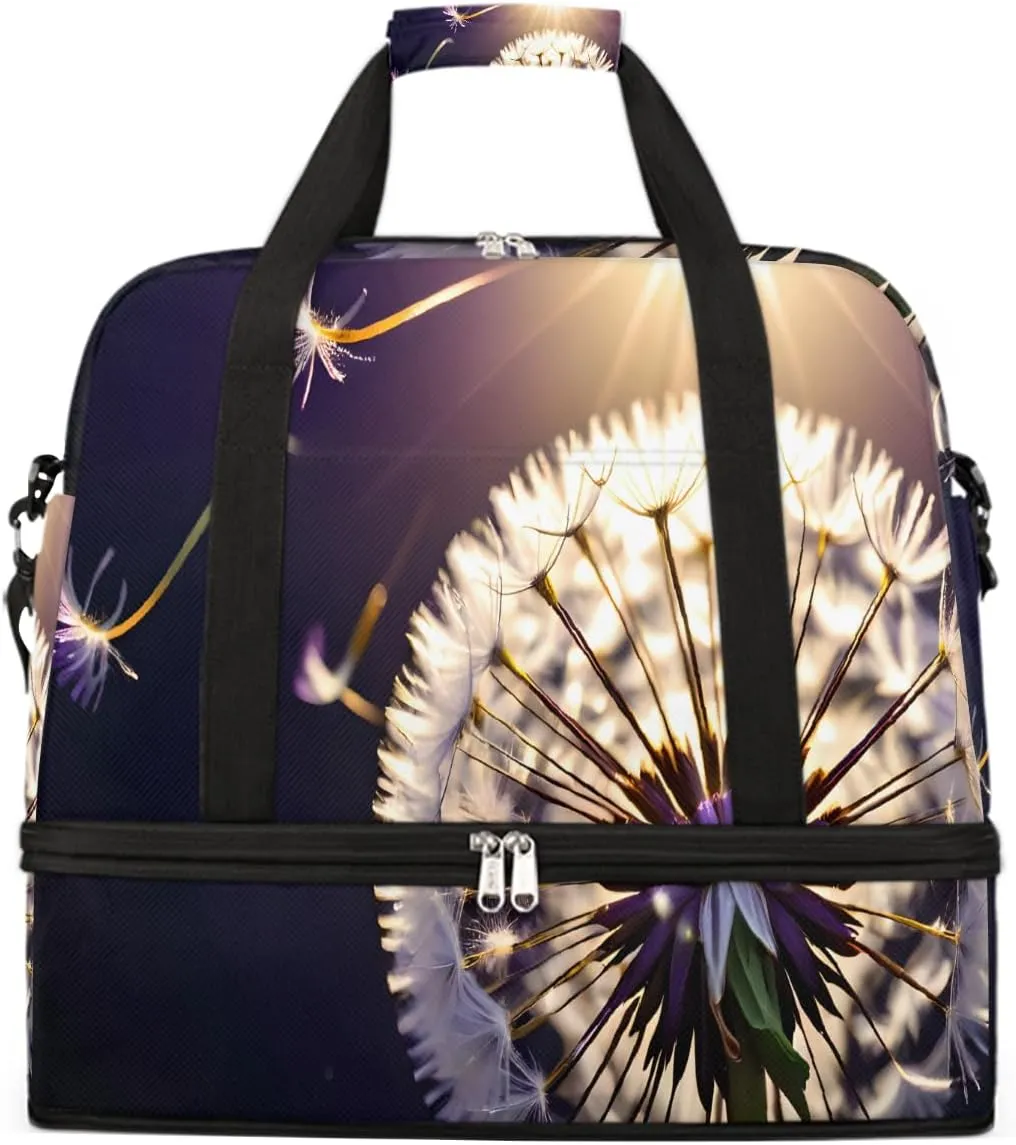 Sports Gym Bag Flower Dandelion Purple Large Travel Duffel Bag With Shoe Compartment Foldable Waterproof Carry-On Weekend Travel Bags for Camping Overnight Yoga Hospital Travel Bags