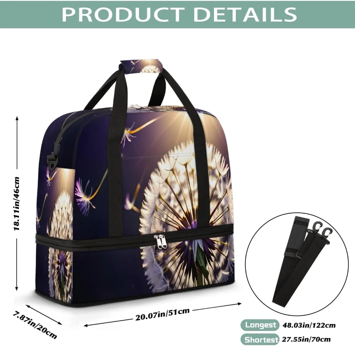Sports Gym Bag Flower Dandelion Purple Large Travel Duffel Bag With Shoe Compartment Foldable Waterproof Carry-On Weekend Travel Bags for Camping Overnight Yoga Hospital Travel Bags