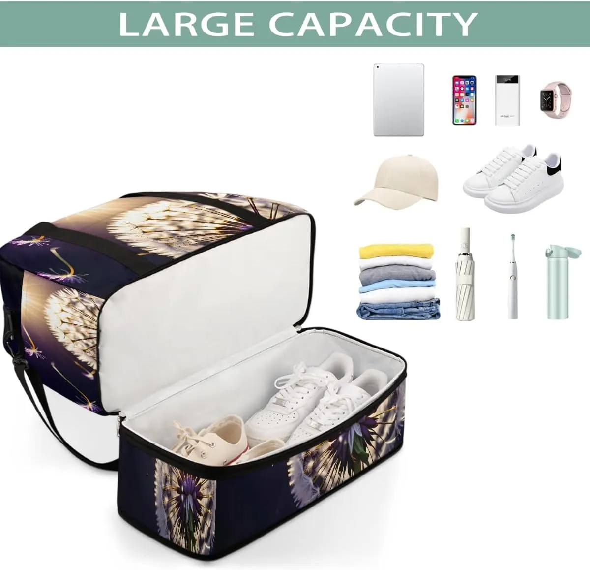 Sports Gym Bag Flower Dandelion Purple Large Travel Duffel Bag With Shoe Compartment Foldable Waterproof Carry-On Weekend Travel Bags for Camping Overnight Yoga Hospital Travel Bags