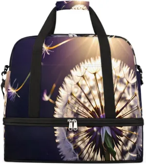 Sports Gym Bag Flower Dandelion Purple Large Travel Duffel Bag With Shoe Compartment Foldable Waterproof Carry-On Weekend Travel Bags for Camping Overnight Yoga Hospital Travel Bags
