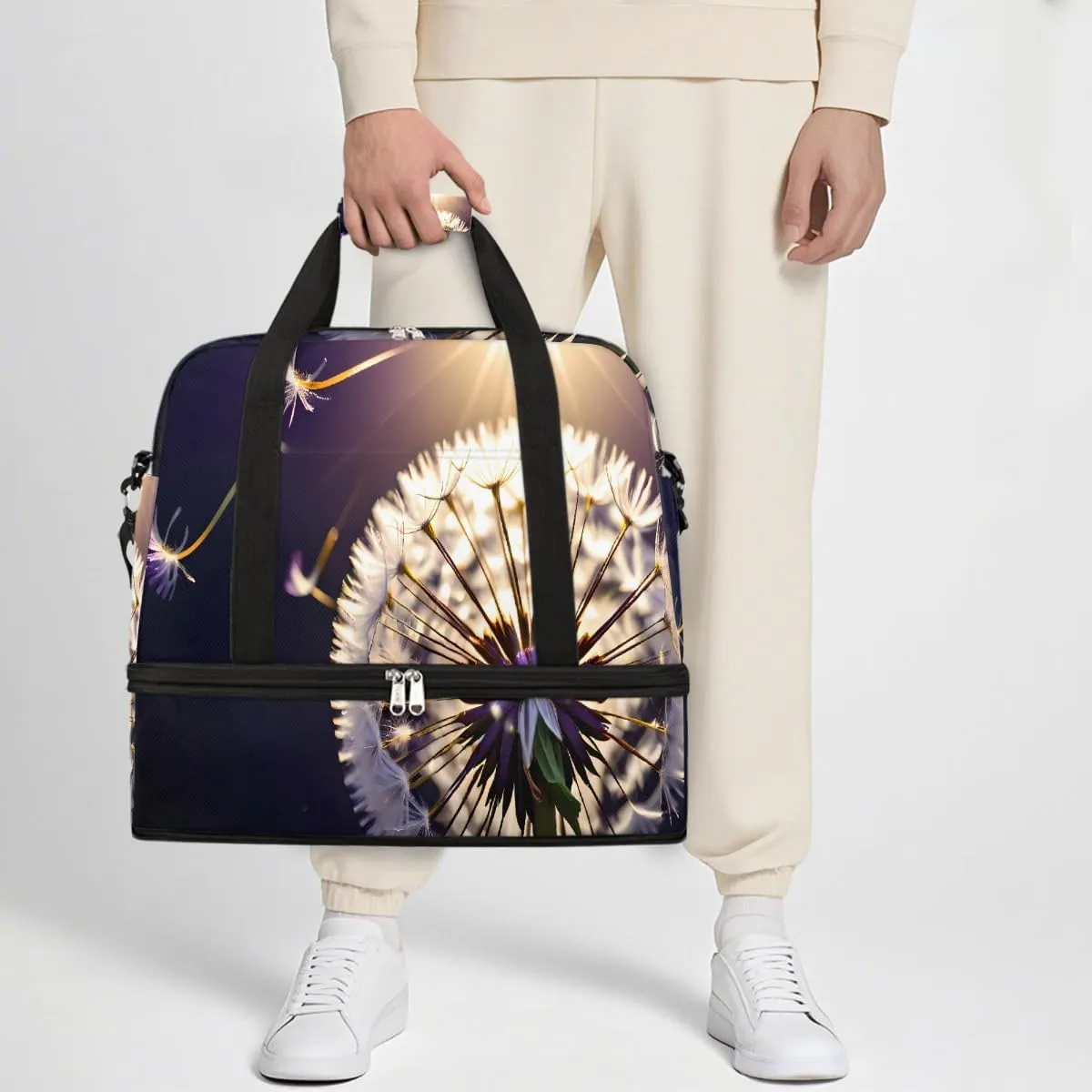 Sports Gym Bag Flower Dandelion Purple Large Travel Duffel Bag With Shoe Compartment Foldable Waterproof Carry-On Weekend Travel Bags for Camping Overnight Yoga Hospital Travel Bags
