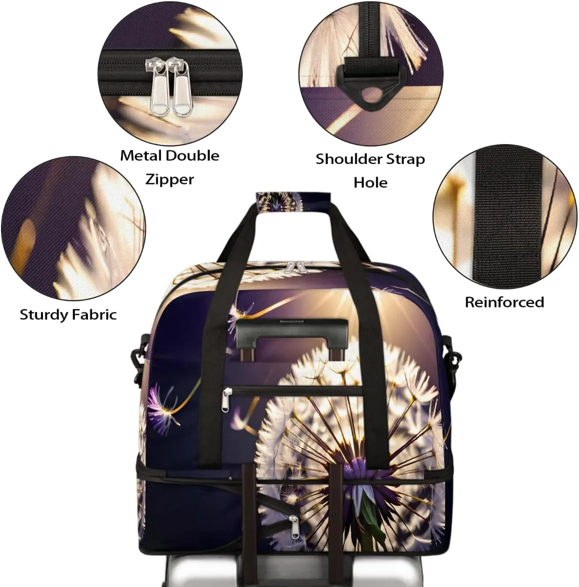 Sports Gym Bag Flower Dandelion Purple Large Travel Duffel Bag With Shoe Compartment Foldable Waterproof Carry-On Weekend Travel Bags for Camping Overnight Yoga Hospital Travel Bags