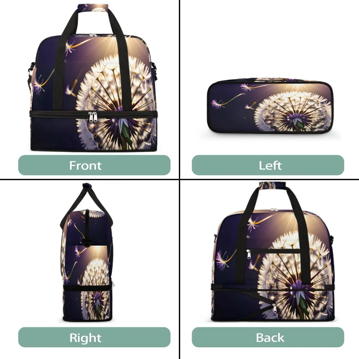Sports Gym Bag Flower Dandelion Purple Large Travel Duffel Bag With Shoe Compartment Foldable Waterproof Carry-On Weekend Travel Bags for Camping Overnight Yoga Hospital Travel Bags