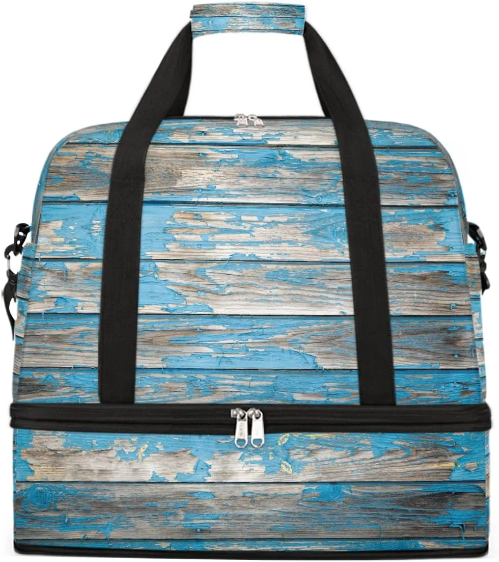 Sports Gym Bag Turquoise Modern Wood Grain Large Travel Duffel Bag With Shoe Compartment Foldable Waterproof Carry-On Weekend Travel Bags for Camping Overnight Yoga Hospital Travel Bags