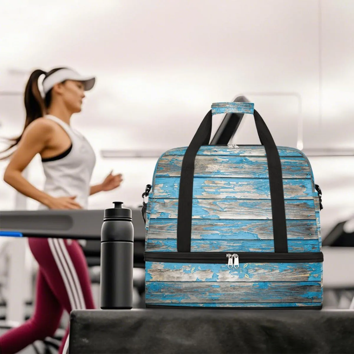 Sports Gym Bag Turquoise Modern Wood Grain Large Travel Duffel Bag With Shoe Compartment Foldable Waterproof Carry-On Weekend Travel Bags for Camping Overnight Yoga Hospital Travel Bags