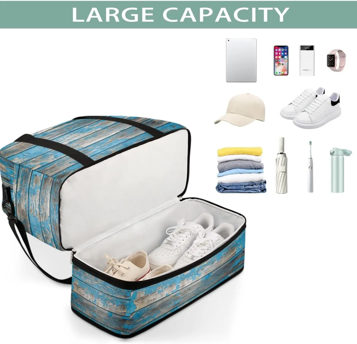 Sports Gym Bag Turquoise Modern Wood Grain Large Travel Duffel Bag With Shoe Compartment Foldable Waterproof Carry-On Weekend Travel Bags for Camping Overnight Yoga Hospital Travel Bags