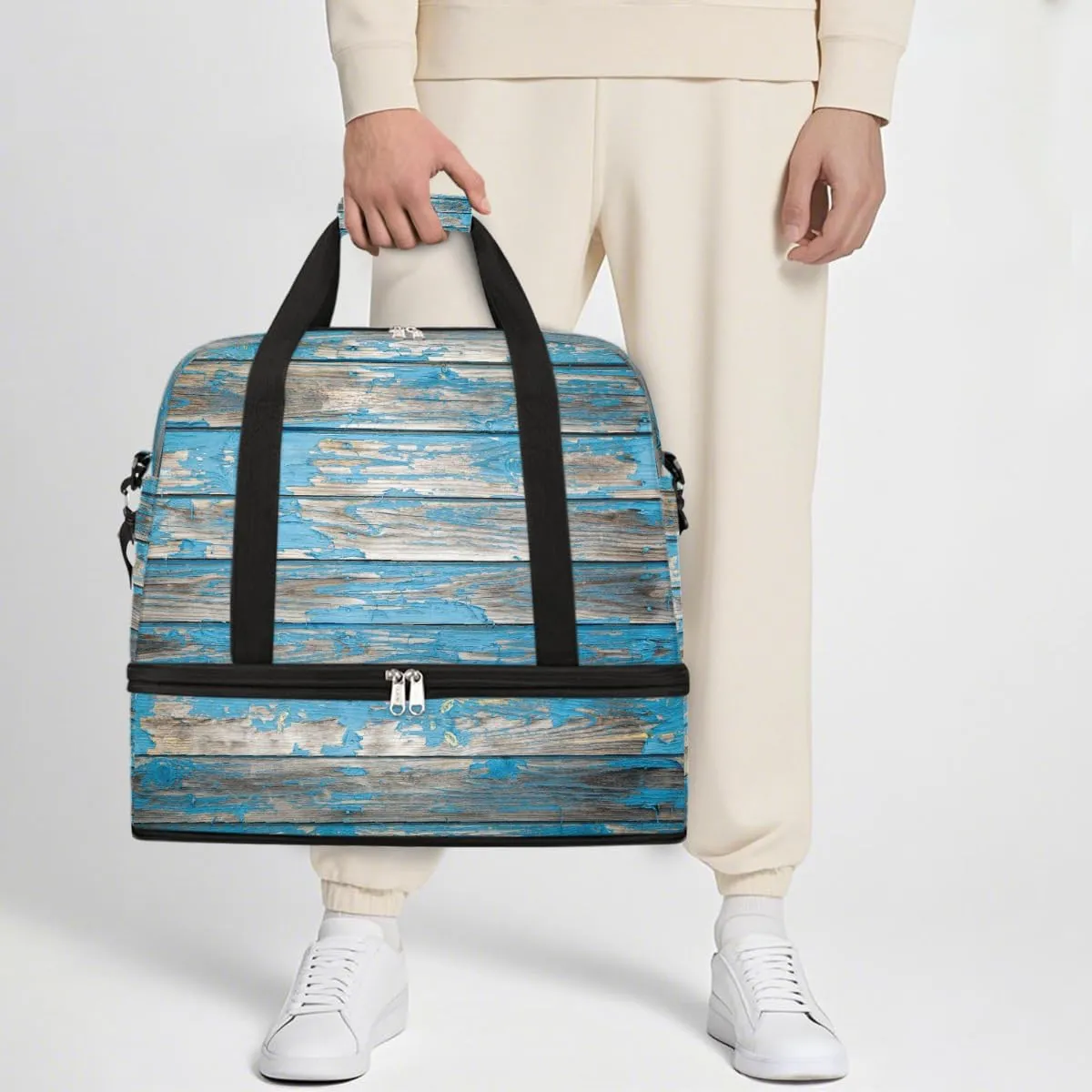 Sports Gym Bag Turquoise Modern Wood Grain Large Travel Duffel Bag With Shoe Compartment Foldable Waterproof Carry-On Weekend Travel Bags for Camping Overnight Yoga Hospital Travel Bags