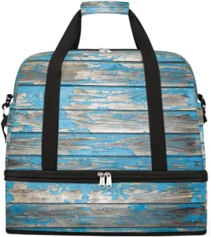 Sports Gym Bag Turquoise Modern Wood Grain Large Travel Duffel Bag With Shoe Compartment Foldable Waterproof Carry-On Weekend Travel Bags for Camping Overnight Yoga Hospital Travel Bags