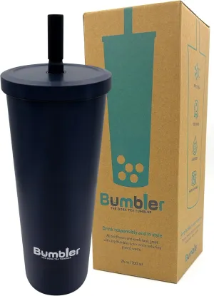 Stainless Steel Bubble Tea Cup - Bumbler 24oz Large Reusable Eco-Friendly Tumbler with Wide Soft Tip Metal Straw, Leak-Proof Lid - Perfect for Boba, Smoothies, Iced Coffee, Hot or Cold Drinks - Black