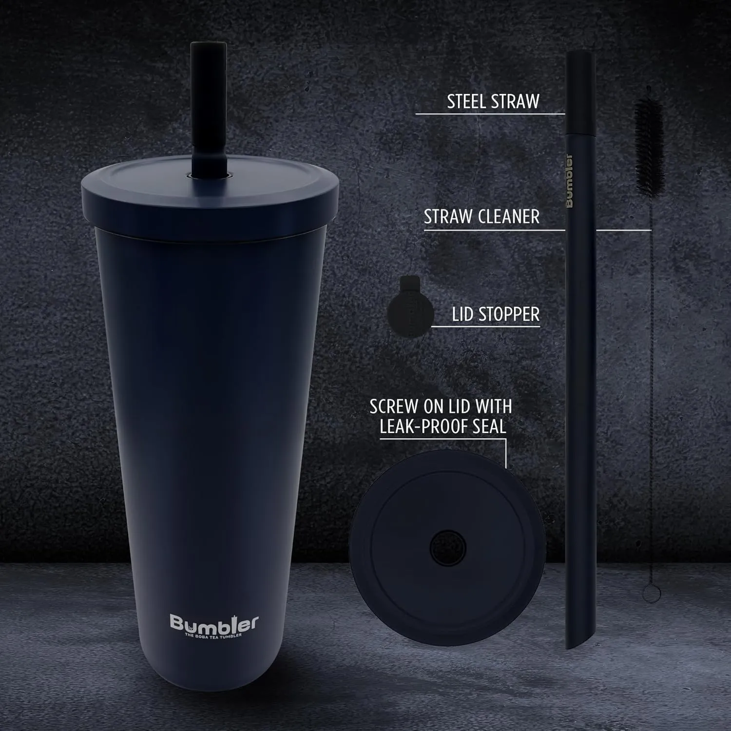 Stainless Steel Bubble Tea Cup - Bumbler 24oz Large Reusable Eco-Friendly Tumbler with Wide Soft Tip Metal Straw, Leak-Proof Lid - Perfect for Boba, Smoothies, Iced Coffee, Hot or Cold Drinks - Black