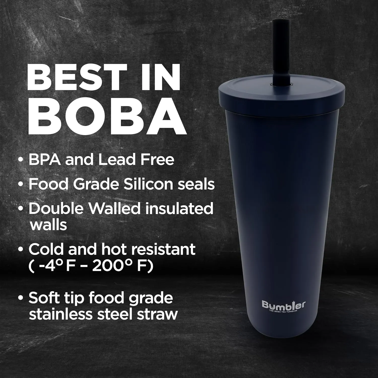 Stainless Steel Bubble Tea Cup - Bumbler 24oz Large Reusable Eco-Friendly Tumbler with Wide Soft Tip Metal Straw, Leak-Proof Lid - Perfect for Boba, Smoothies, Iced Coffee, Hot or Cold Drinks - Black