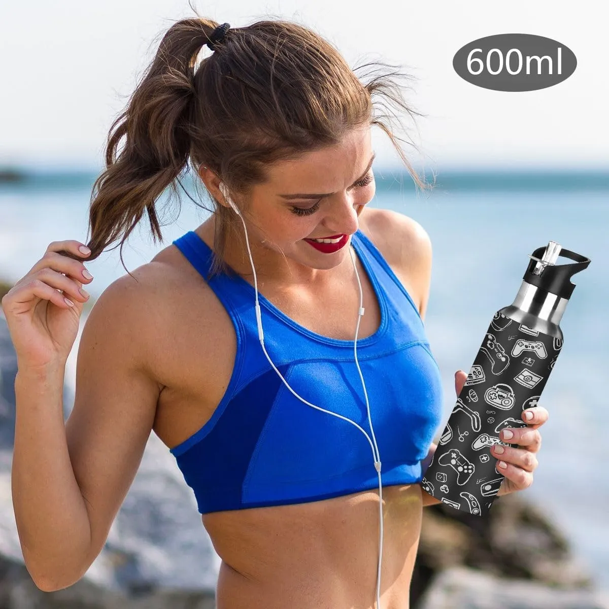Stainless Steel Water Bottle with Straw 20oz, Black And White Joystick Gamepad Insulated Sports Bottle for Men & Women, Hot/Cold Double Wall (600ml)