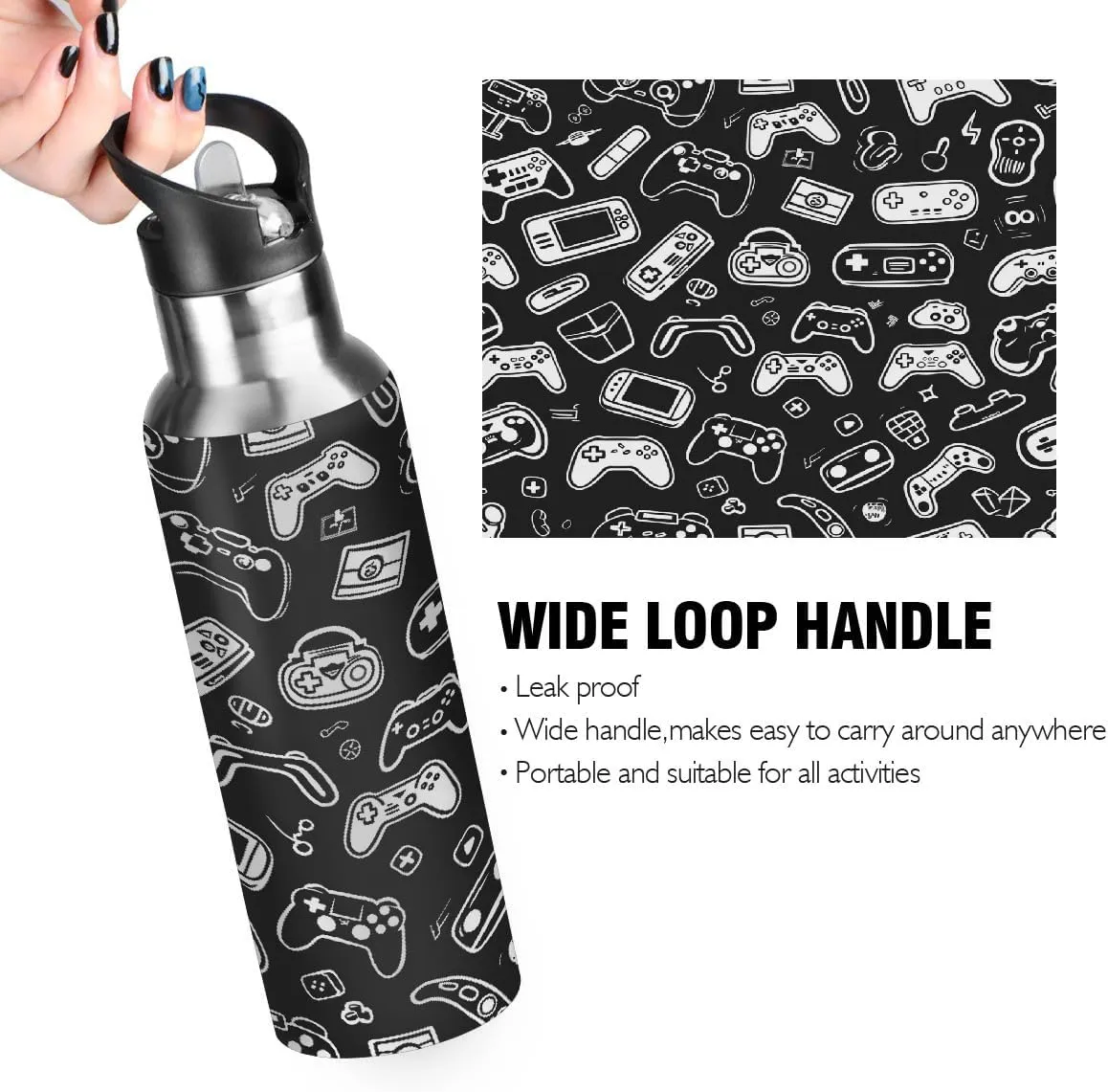 Stainless Steel Water Bottle with Straw 20oz, Black And White Joystick Gamepad Insulated Sports Bottle for Men & Women, Hot/Cold Double Wall (600ml)