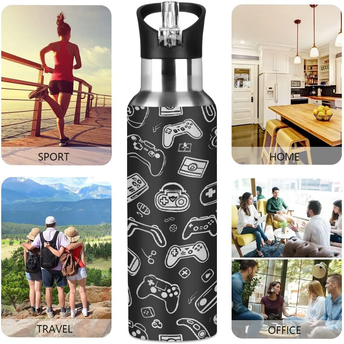 Stainless Steel Water Bottle with Straw 20oz, Black And White Joystick Gamepad Insulated Sports Bottle for Men & Women, Hot/Cold Double Wall (600ml)