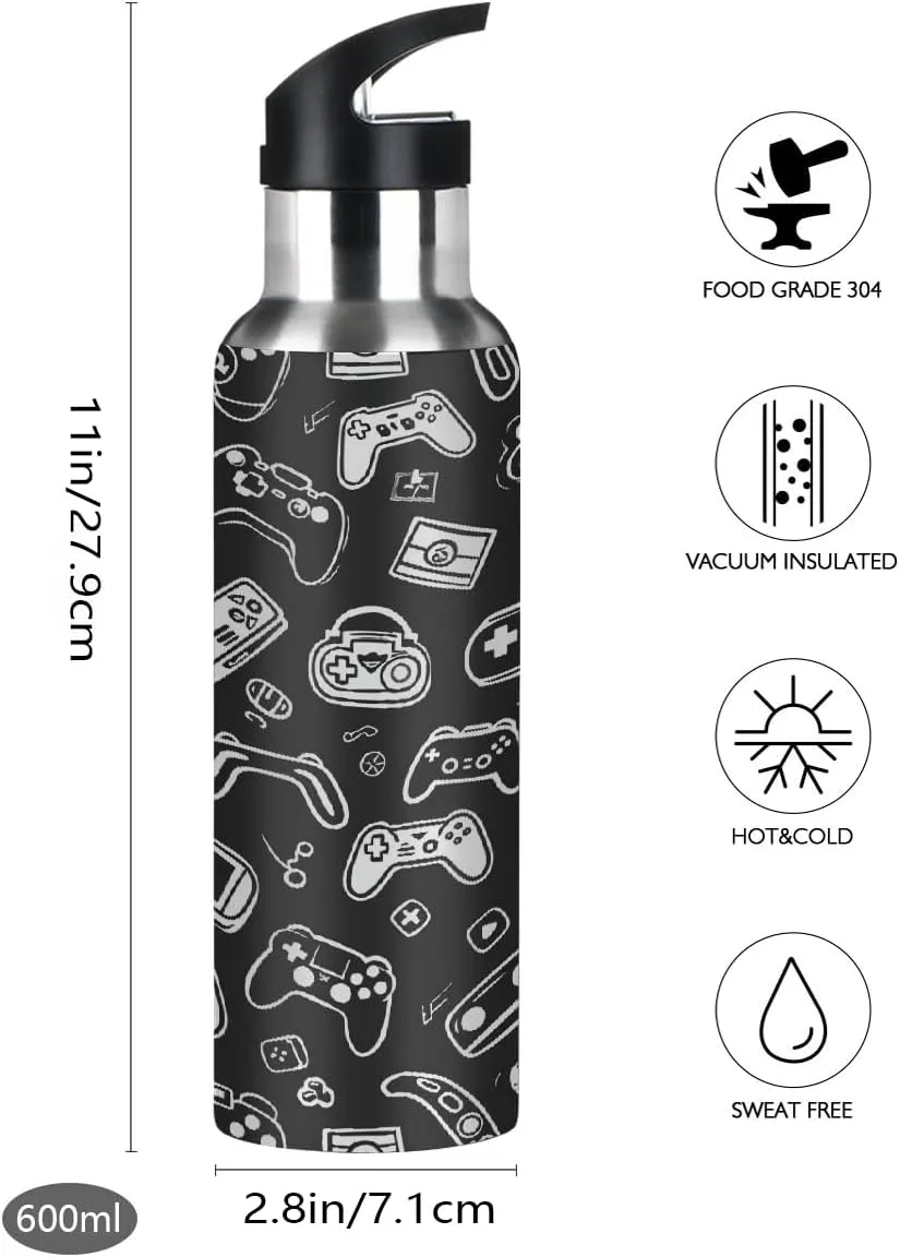 Stainless Steel Water Bottle with Straw 20oz, Black And White Joystick Gamepad Insulated Sports Bottle for Men & Women, Hot/Cold Double Wall (600ml)
