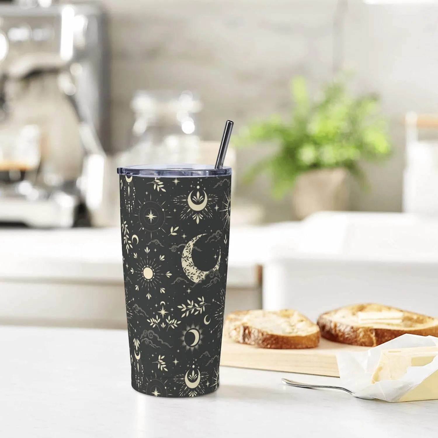 Star and Moon Tumbler with Lid and Straw 20 OZ Stainless Steel Travel Coffee Mug Double Wall Insulated Cup Leakproof for Car Sports Cafe Office