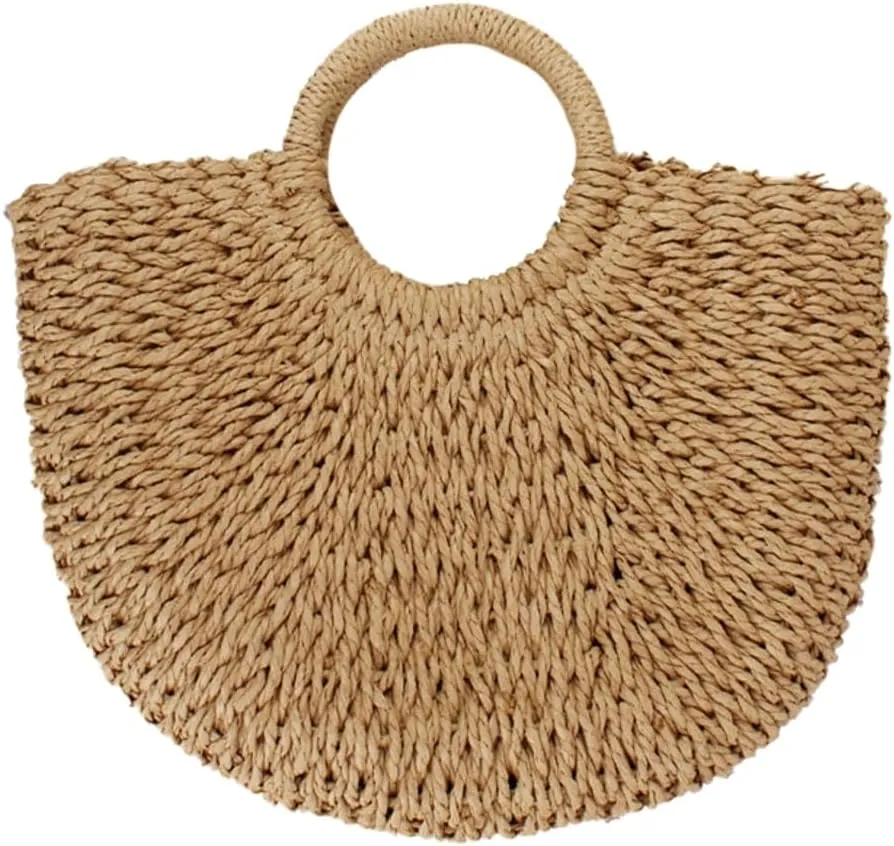 Straw Shoulder Bags for Women Summer Beach Tote Bags Semi-circle Clutch Bag Handmade Purse Straw Handbag