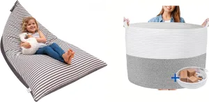 Stuffed Animal Storage Bundle - Stuffed Animal Bean Bag   XXXL Woven Basket for Blankets, Toys Grey and White Storage Bundle- Designer Storage for Modern Kids Room