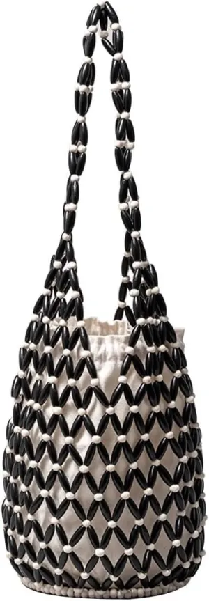 Summer Beach Handbag for Women Bohemian Clutch Retro Top-handle Mini Tote Handmade Woven Bucket Drawstring