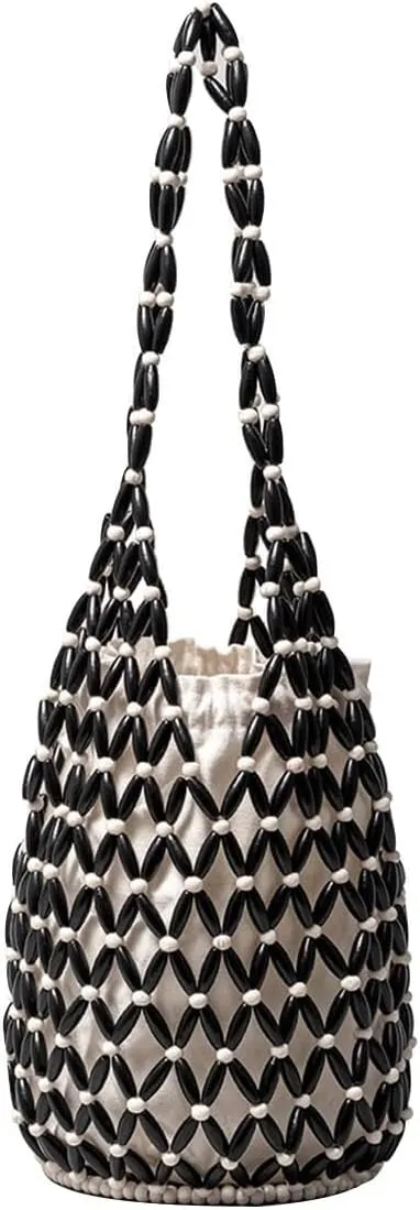 Summer Beach Handbag for Women Bohemian Clutch Retro Top-handle Mini Tote Handmade Woven Bucket Drawstring