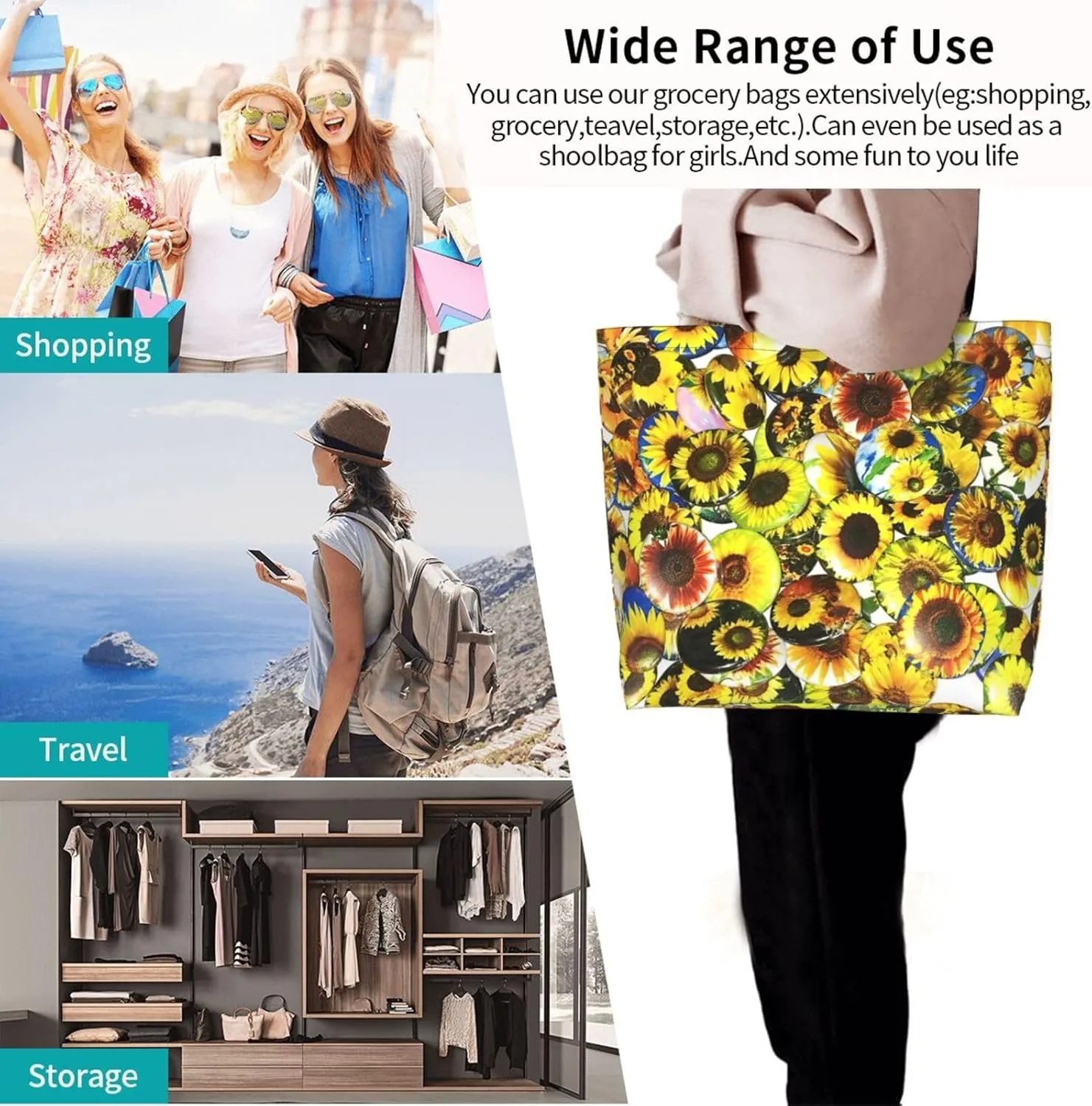 Sunflower Casual Daily Handbags Classic Style Shoulder Bags Women'S Large-Capacity Shoulder Shopping Bags Black
