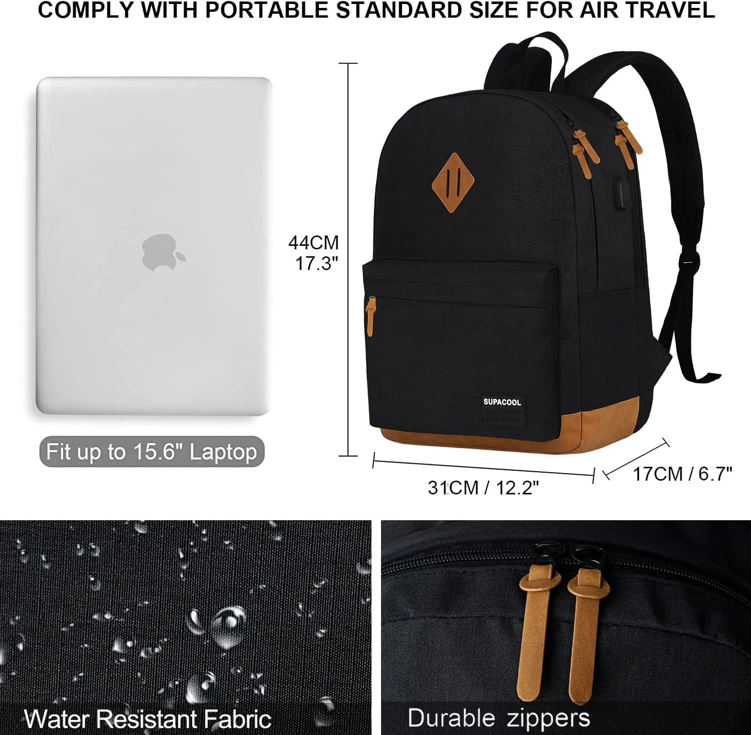 SUPACOOL Lightweight Laptop Backpack with USB Charging Port for Men and Women, Double Layers Backpack for College, Work, Travel, Casual(Black and brown)