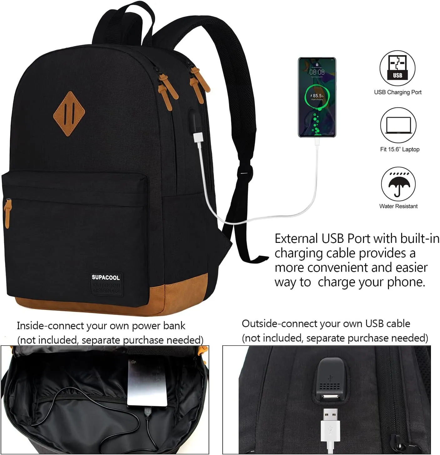 SUPACOOL Lightweight Laptop Backpack with USB Charging Port for Men and Women, Double Layers Backpack for College, Work, Travel, Casual(Black and brown)