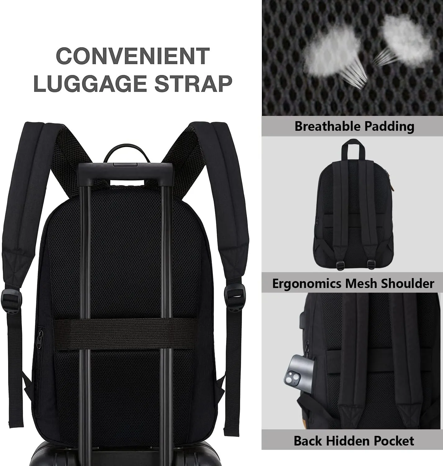 SUPACOOL Lightweight Laptop Backpack with USB Charging Port for Men and Women, Double Layers Backpack for College, Work, Travel, Casual(Black and brown)