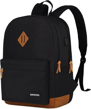 SUPACOOL Lightweight Laptop Backpack with USB Charging Port for Men and Women, Double Layers Backpack for College, Work, Travel, Casual(Black and brown)