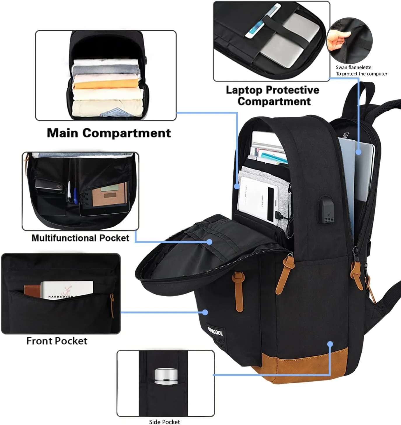 SUPACOOL Lightweight Laptop Backpack with USB Charging Port for Men and Women, Double Layers Backpack for College, Work, Travel, Casual(Black and brown)