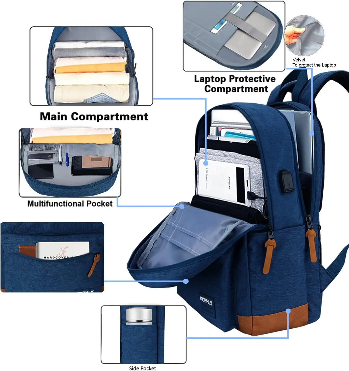 SUPACOOL Lightweight Laptop Backpack with USB Charging Port for Men and Women, Double Layers Backpack for College, Work, Travel, Casual(Navy Blue)