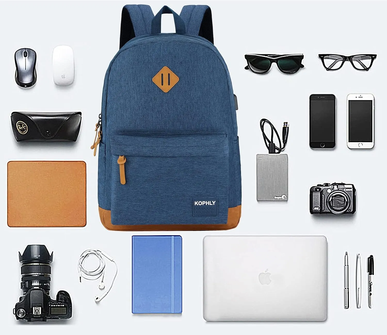 SUPACOOL Lightweight Laptop Backpack with USB Charging Port for Men and Women, Double Layers Backpack for College, Work, Travel, Casual(Navy Blue)