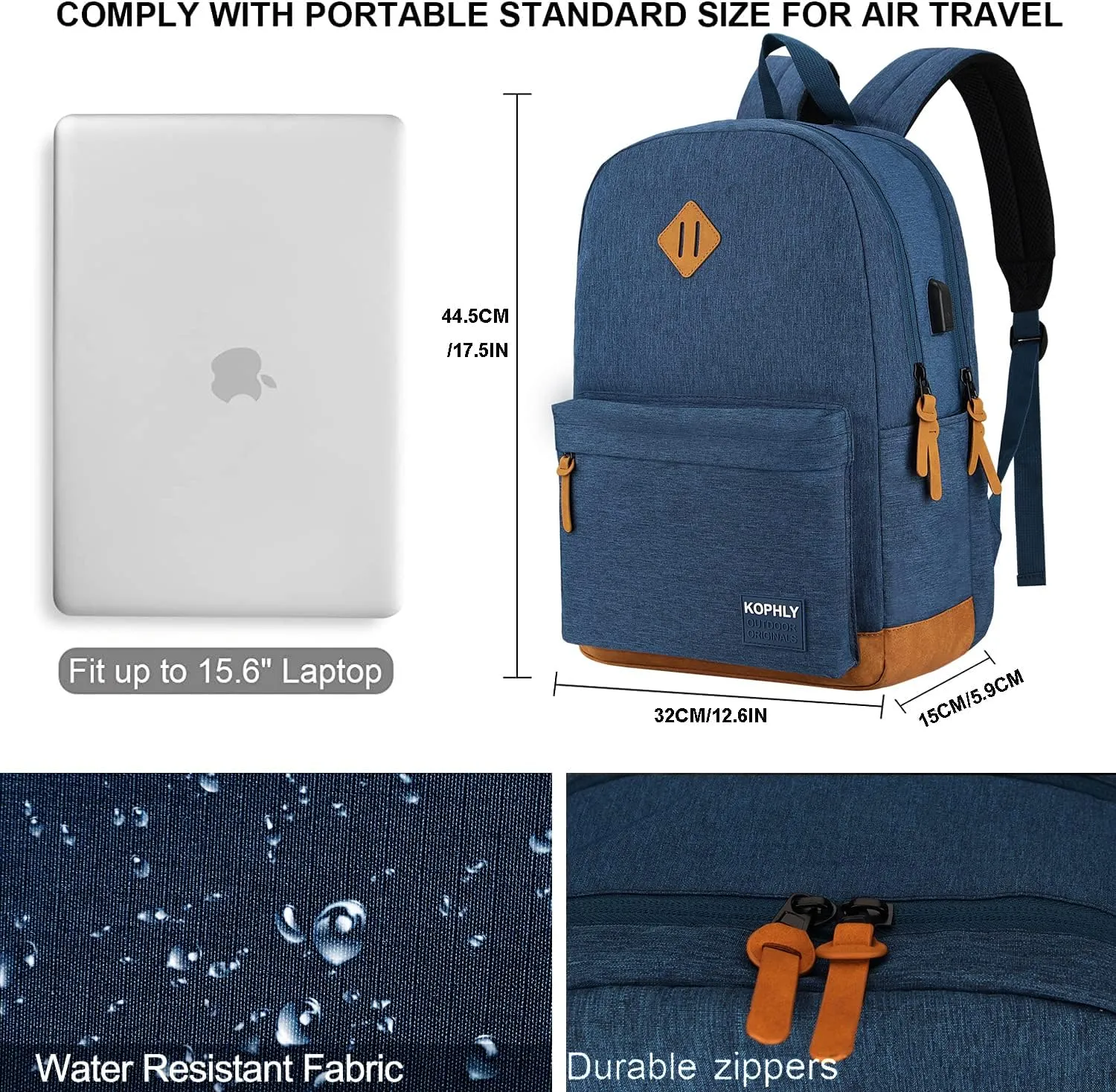 SUPACOOL Lightweight Laptop Backpack with USB Charging Port for Men and Women, Double Layers Backpack for College, Work, Travel, Casual(Navy Blue)
