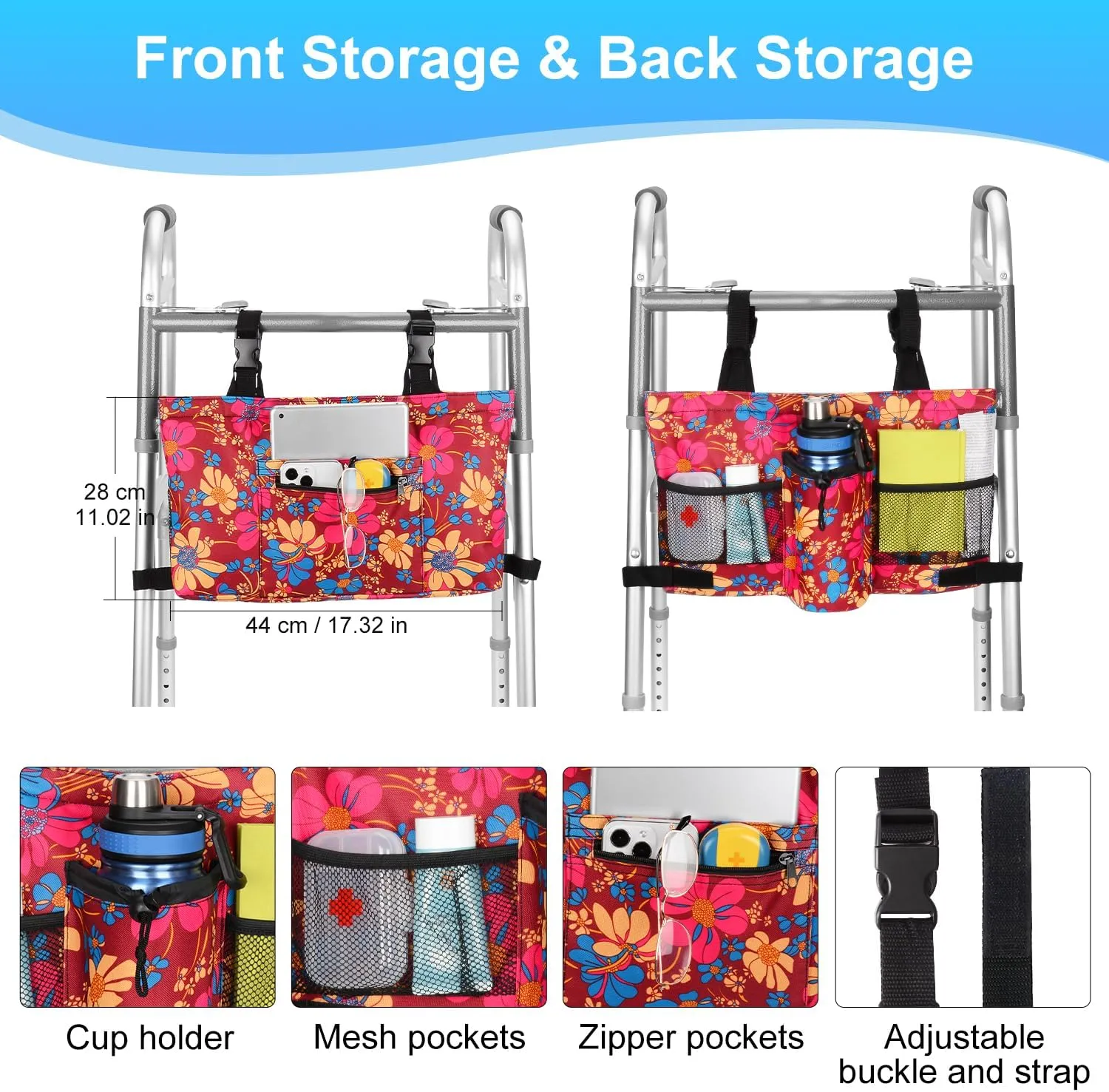 supregear Universal Accessories Bag for Walker, Wheelchair, Rollator, Scooters, Seniors Detachable Preserve Heat Cooler w/Cup Holder-Folding Walker Basket Waterproof Walker Caddy Pouch, Floral