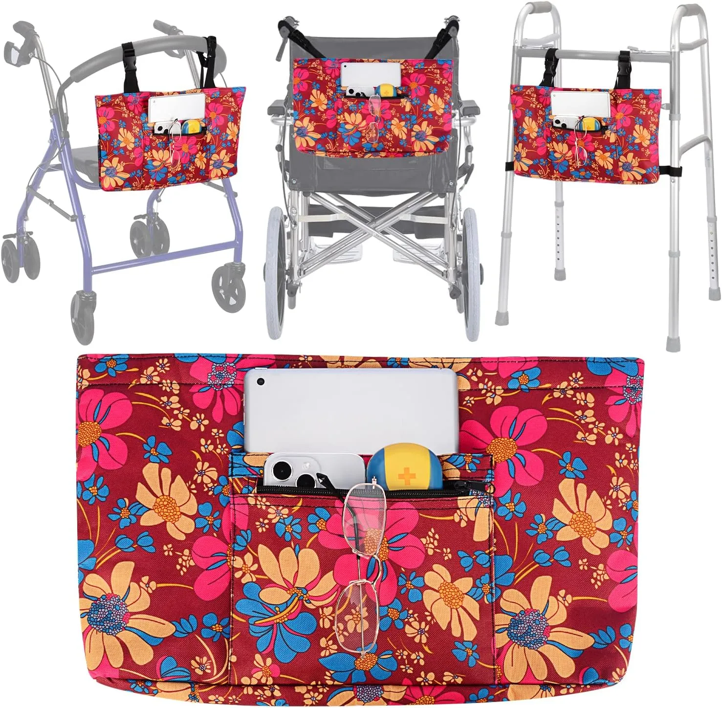 supregear Universal Accessories Bag for Walker, Wheelchair, Rollator, Scooters, Seniors Detachable Preserve Heat Cooler w/Cup Holder-Folding Walker Basket Waterproof Walker Caddy Pouch, Floral