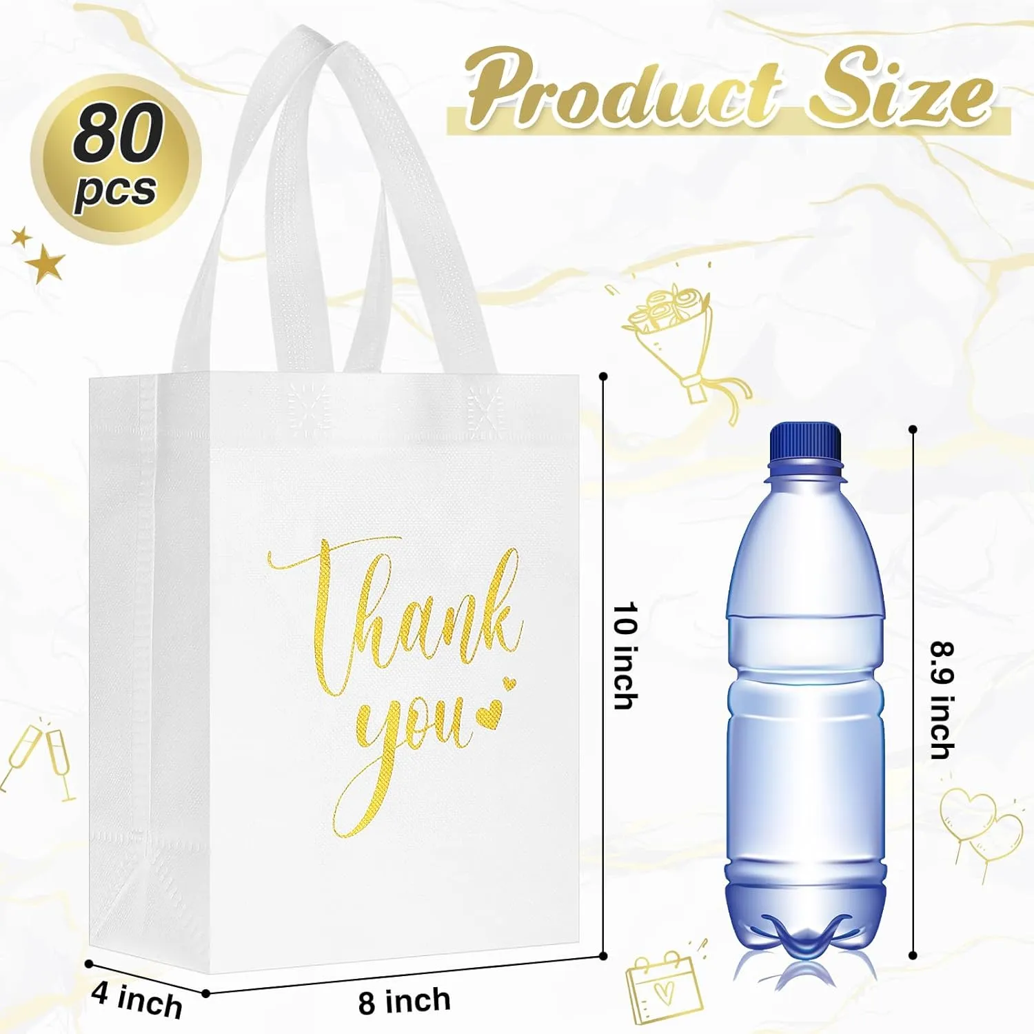 Sweetude 80 Pcs Thank You Gift Bags with Handles Bulk Reusable 10 x 8 x 4 Inch Non Woven Employee Appreciation Gift Bags for Bachelorette Wedding Anniversaries(White)
