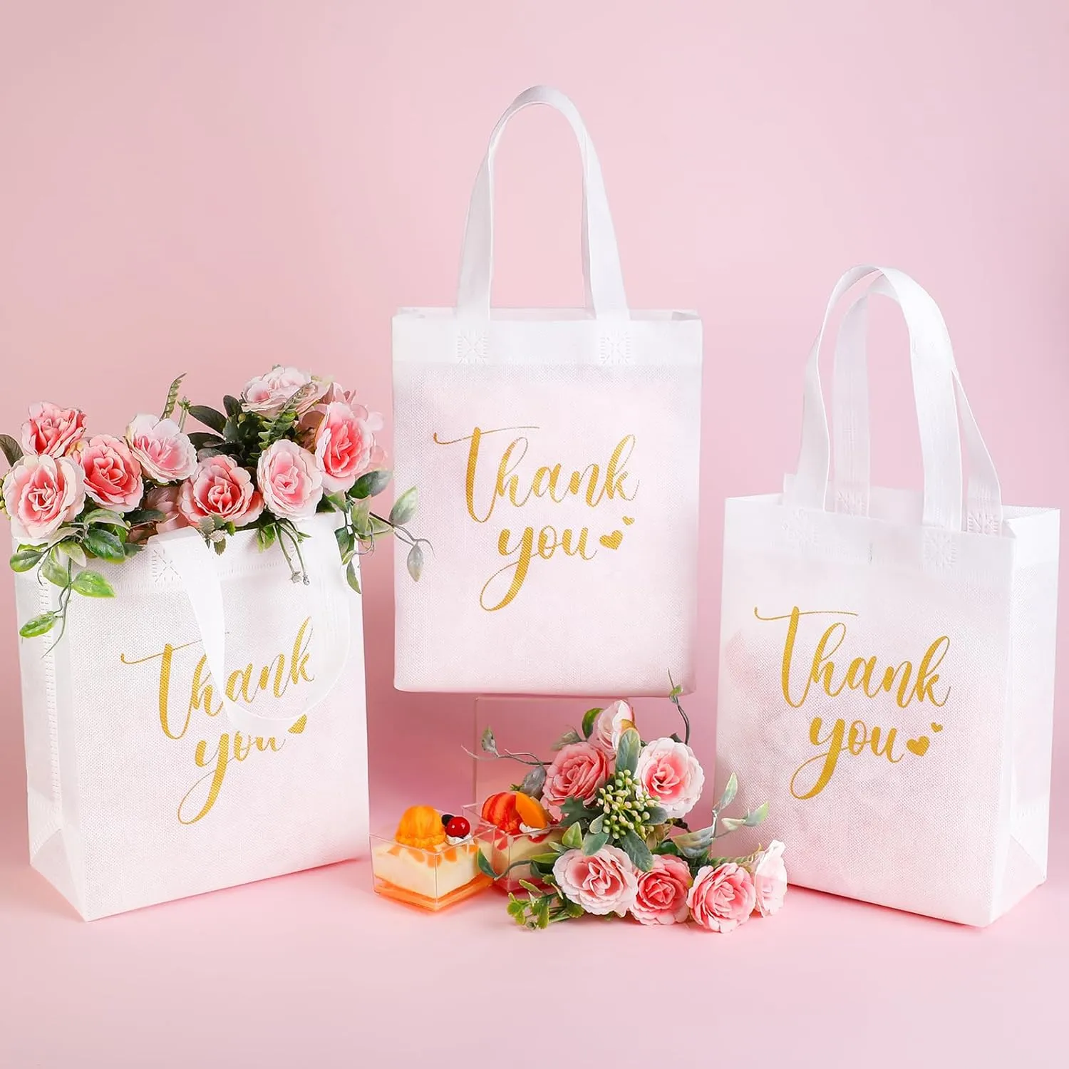 Sweetude 80 Pcs Thank You Gift Bags with Handles Bulk Reusable 10 x 8 x 4 Inch Non Woven Employee Appreciation Gift Bags for Bachelorette Wedding Anniversaries(White)