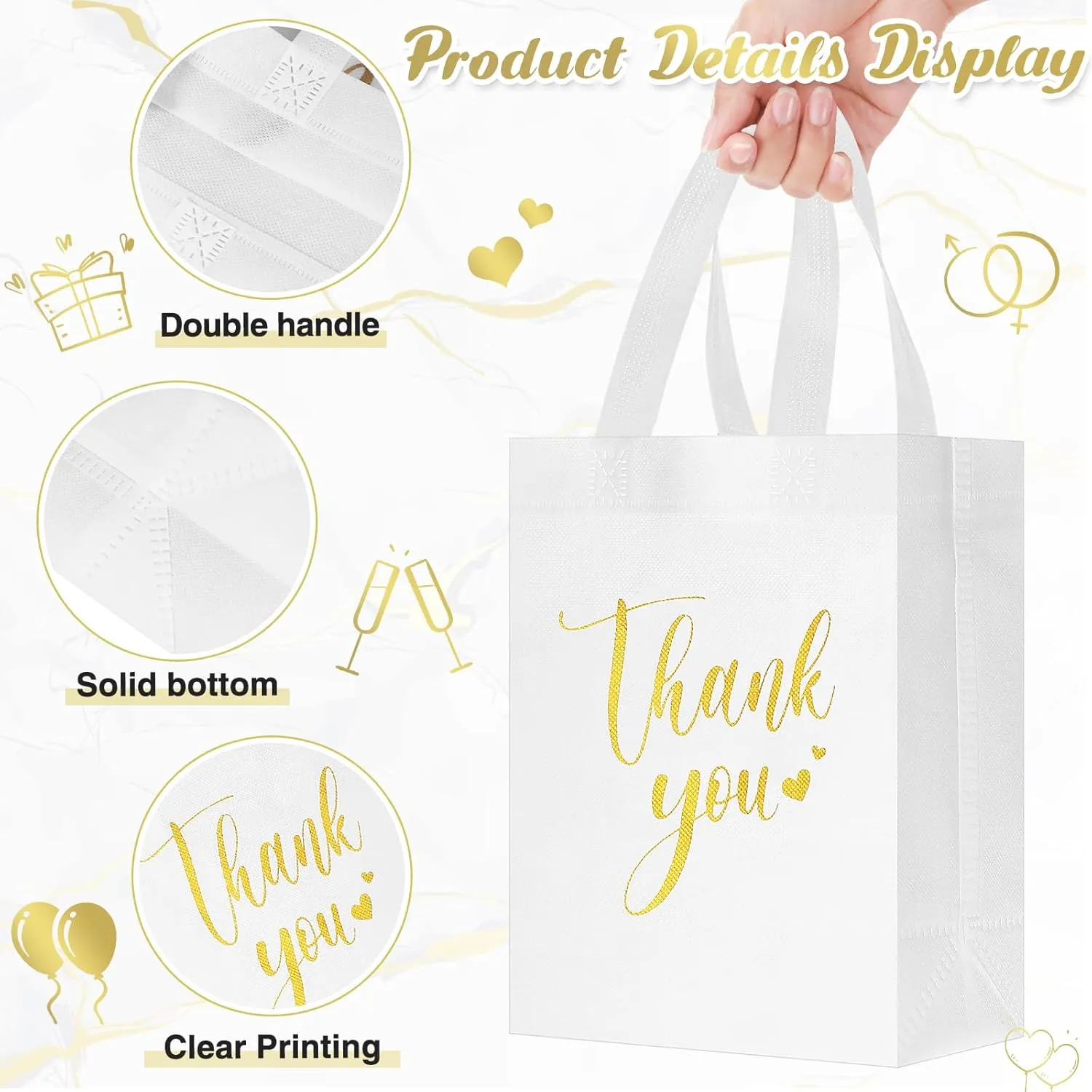 Sweetude 80 Pcs Thank You Gift Bags with Handles Bulk Reusable 10 x 8 x 4 Inch Non Woven Employee Appreciation Gift Bags for Bachelorette Wedding Anniversaries(White)