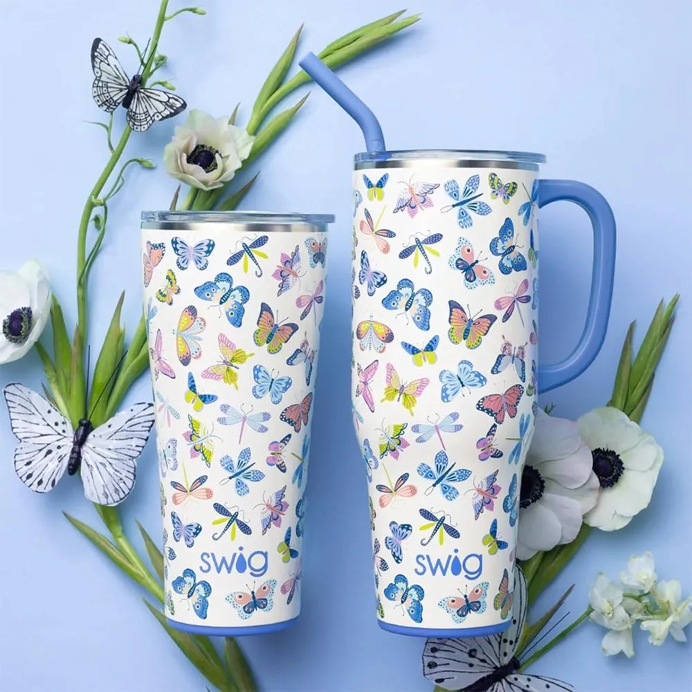 Swig Life XL 32oz Tumbler, Insulated Coffee Tumbler with Lid, Cup Holder Friendly, Dishwasher Safe, Stainless Steel, Extra Large Travel Mugs Insulated for Hot and Cold Drinks (Butterfly Bliss)