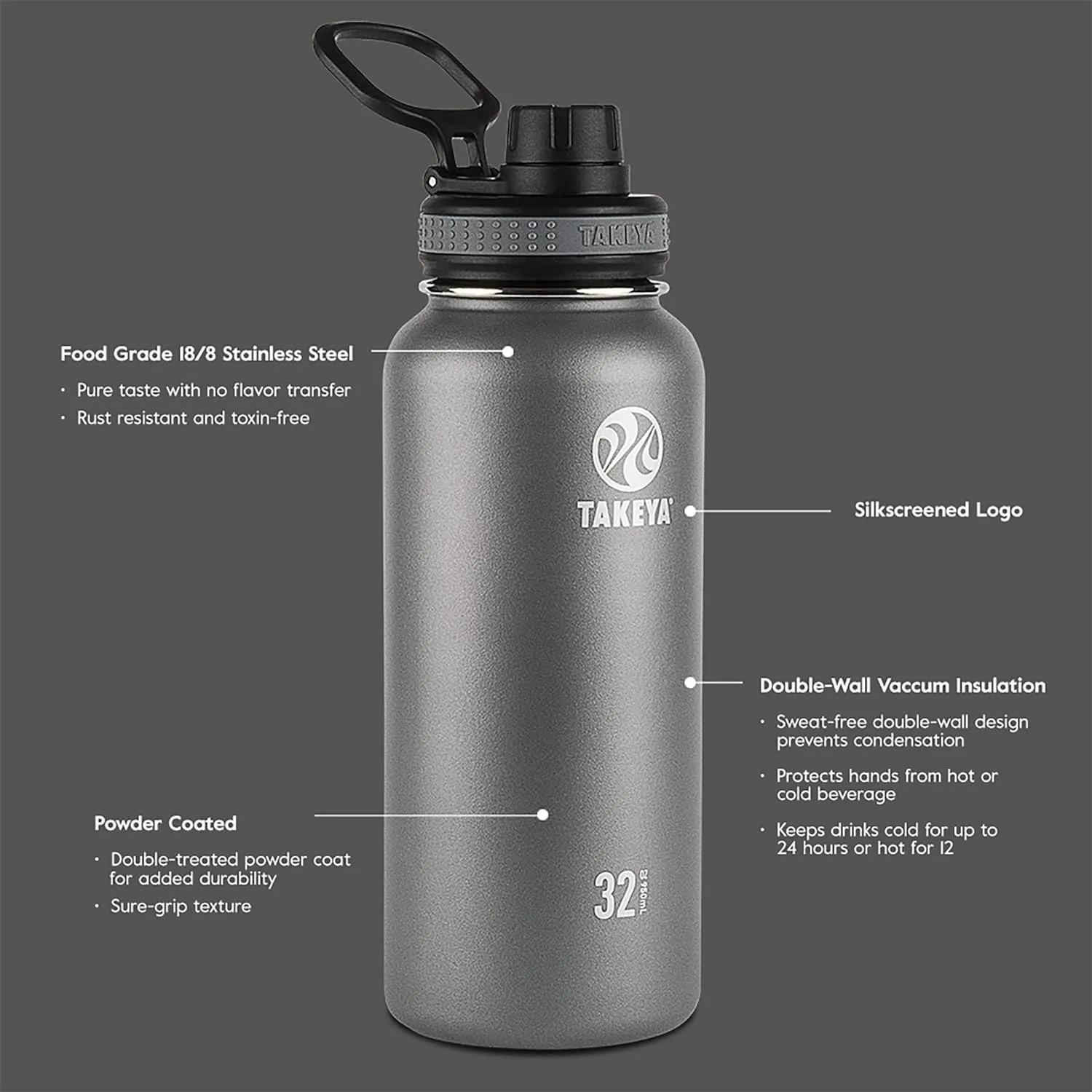 Takeya Originals 40 oz Vacuum Insulated Stainless Steel Water Bottle with Spout Lid, Graphite