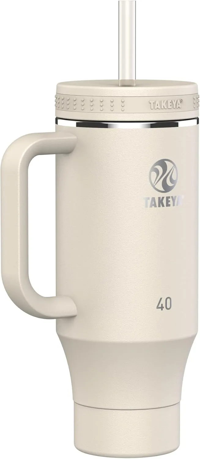Takeya Straw Tumbler with Handle - For Coffee, Water & More - Durable with Built-In Silicone Coaster & 2 Straws - Double Stainless Steel Insulation - 40 oz, Oatmilk
