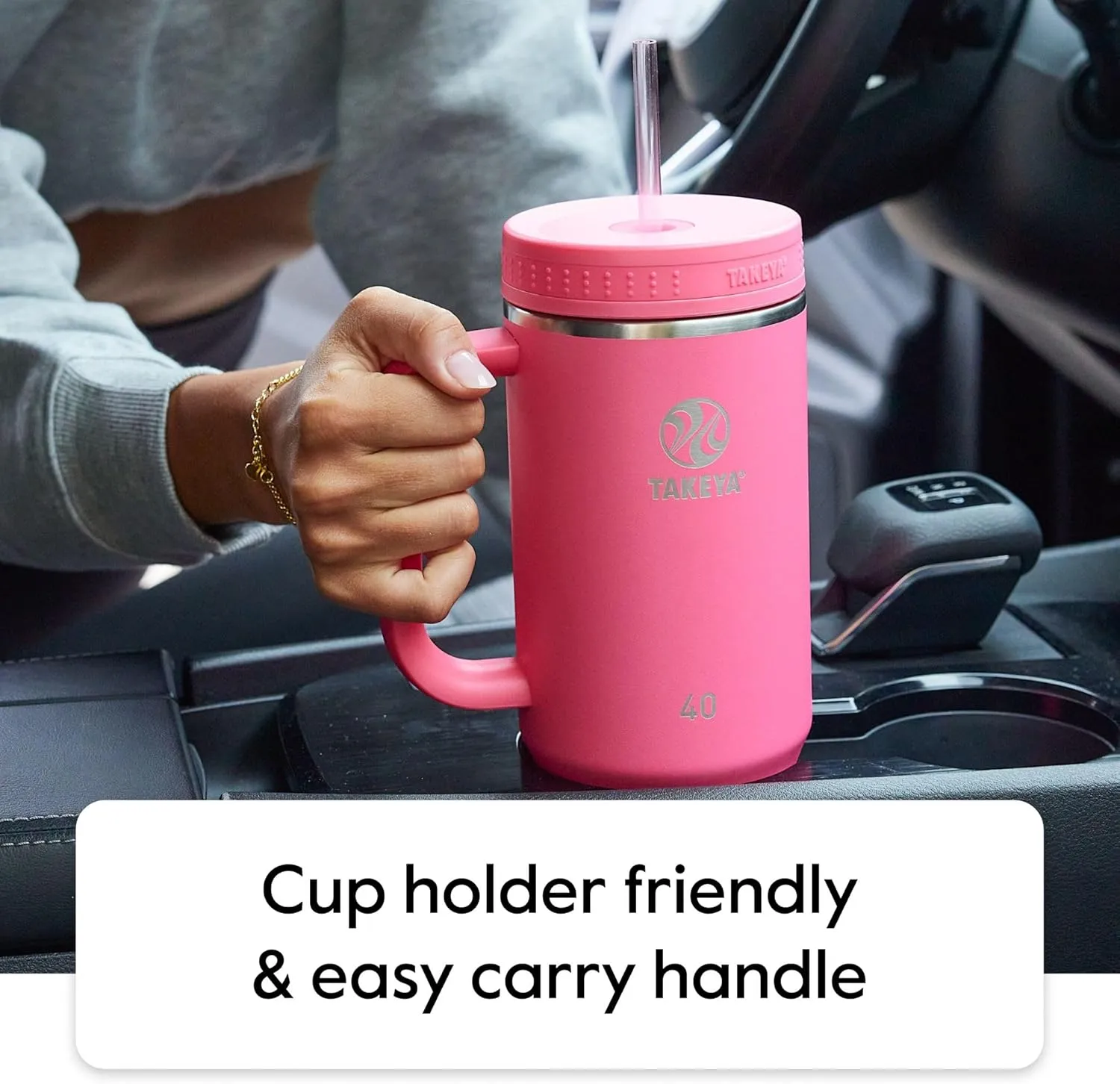 Takeya Straw Tumbler with Handle - For Coffee, Water & More - Durable with Built-In Silicone Coaster & 2 Straws - Double Stainless Steel Insulation - 40 oz, Oatmilk