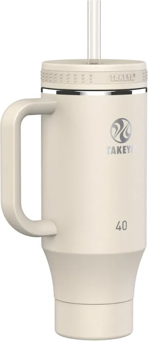 Takeya Straw Tumbler with Handle - For Coffee, Water & More - Durable with Built-In Silicone Coaster & 2 Straws - Double Stainless Steel Insulation - 40 oz, Oatmilk