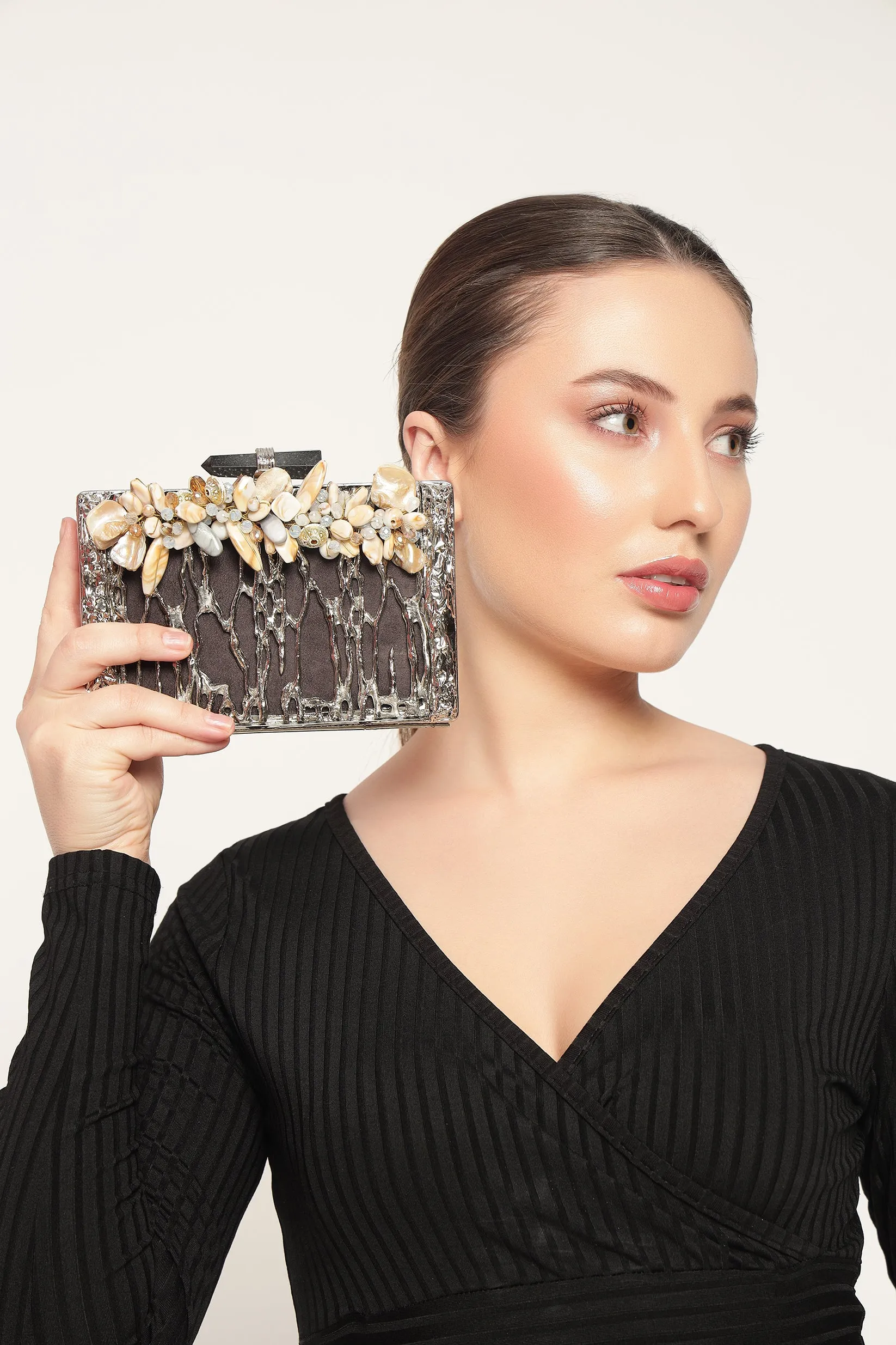 Tanaz silver Statement clutch