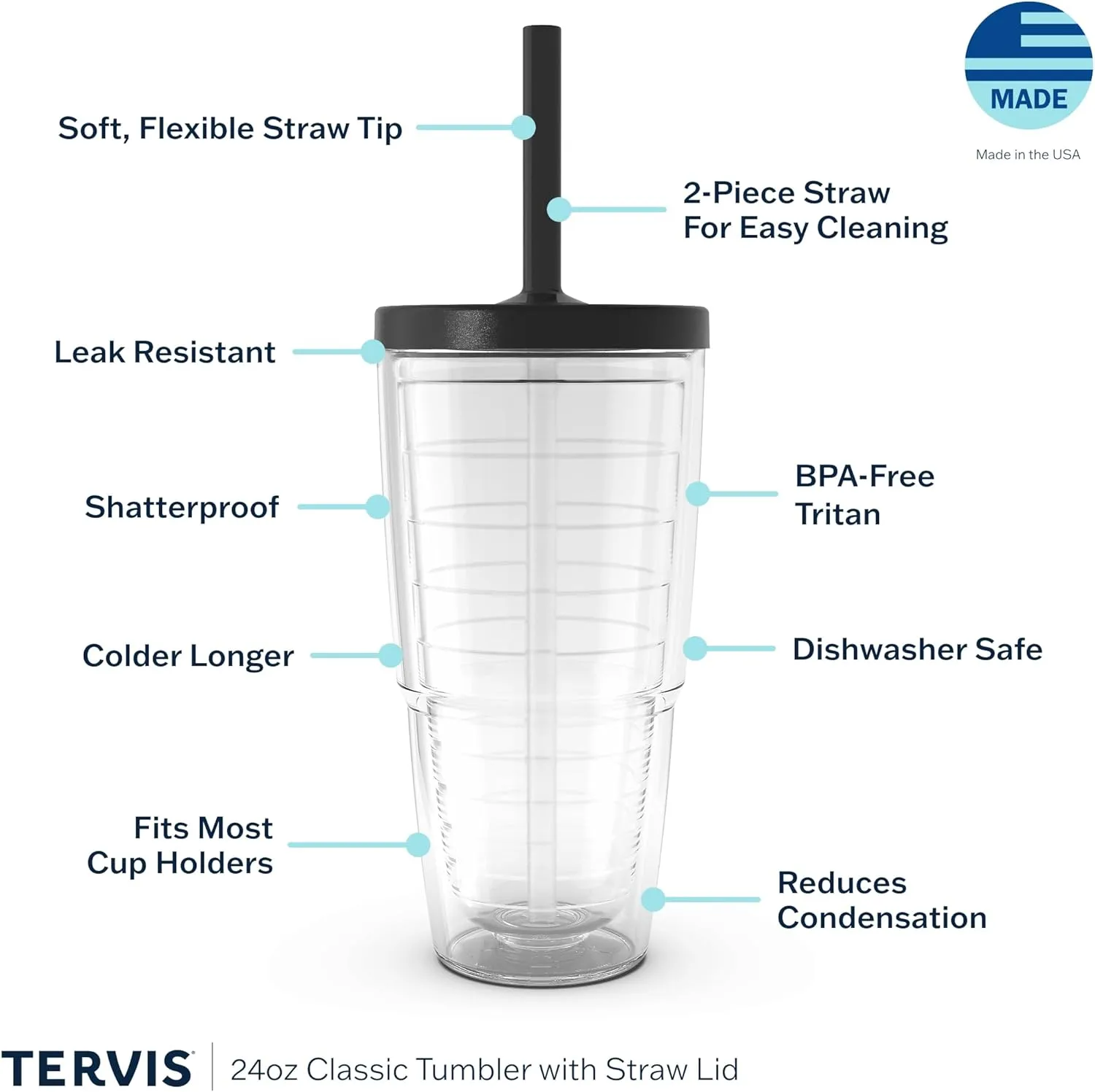 Tervis Brilliant Bliss Collection Made in USA Double Walled Insulated Tumbler Travel Cup Keeps Drinks Cold & Hot, 24oz with Straw Lid, Classic